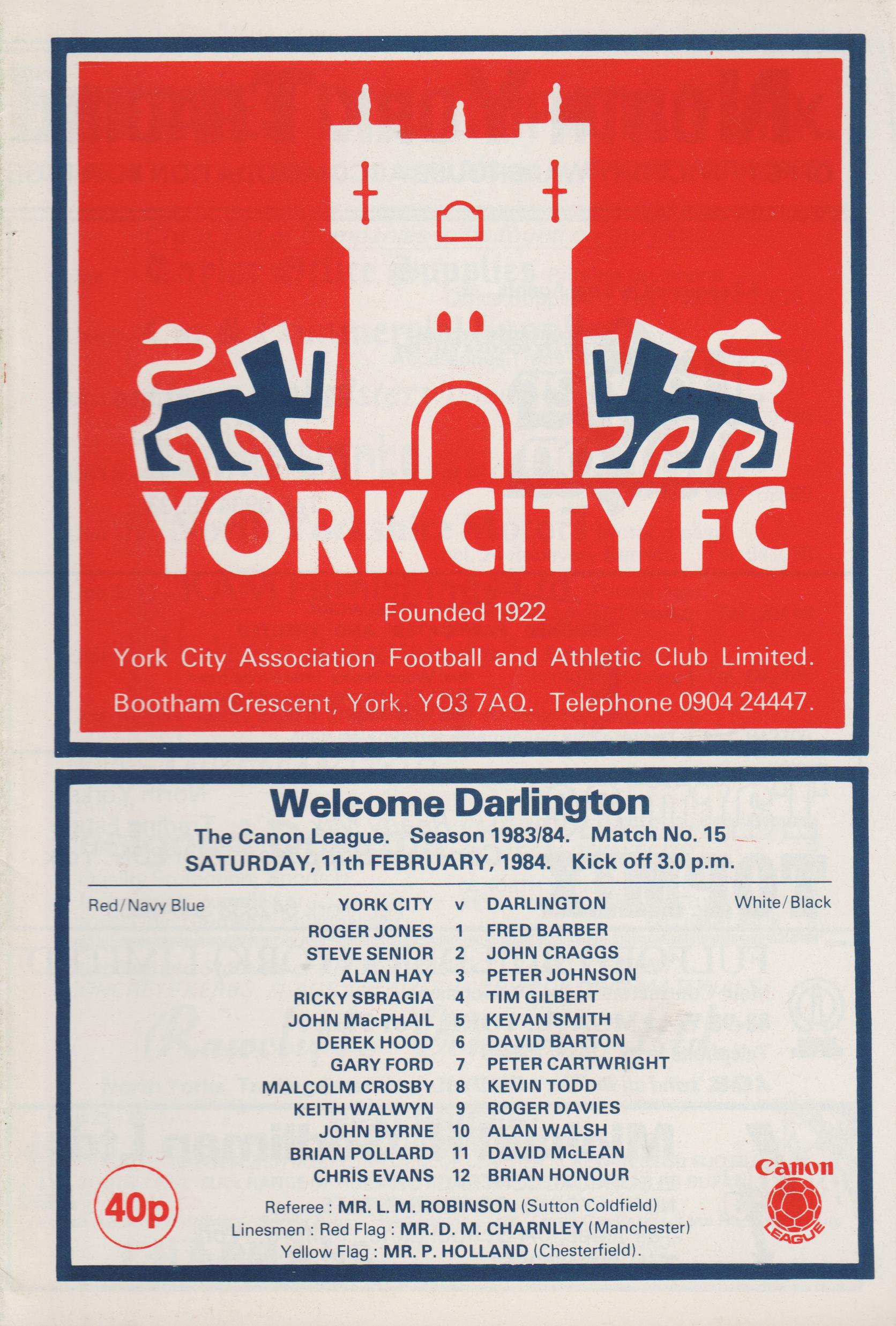 York City v Darlington 11-Feb-1984 - ProgrammeCollector.Net