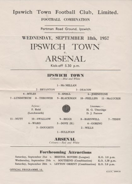 Ipswich Town Reserves v Arsenal Reserves 18-Sep-1957