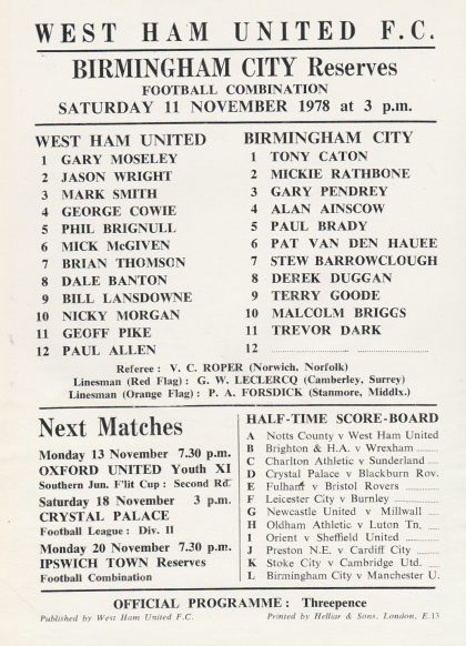 West Ham United Reserves v Birmingham City Reserves  11-Nov-1978