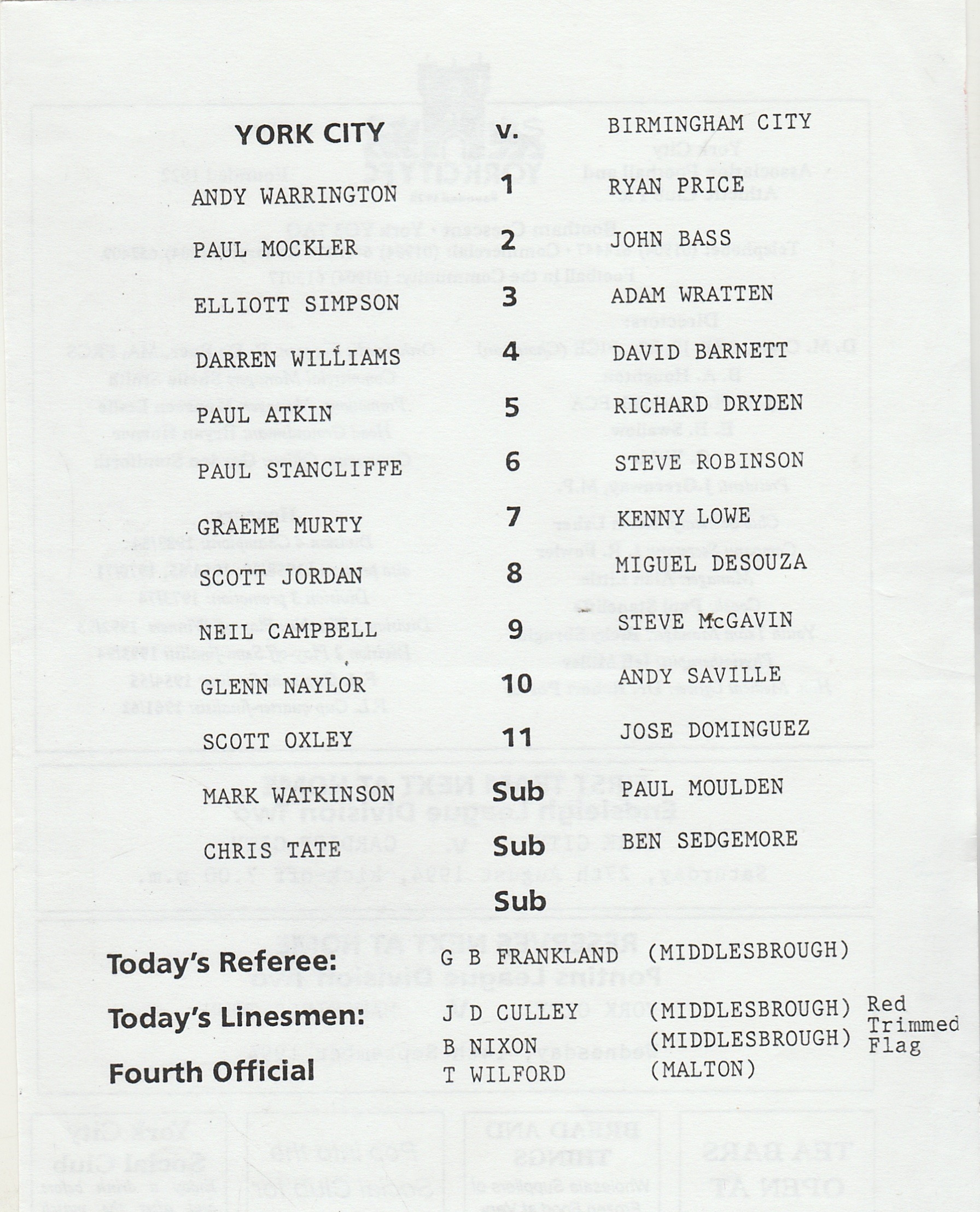 York City Reserves v Birmingham City Reserves 24-Aug-1994 ...