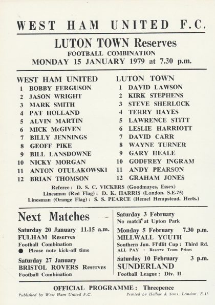 West Ham United Reserves v Luton Town Reserves  15-Jan-1979