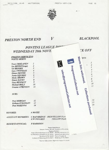 Preston North End Reserves v Blackpool Reserves 20-Nov-1996