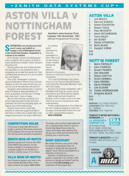 Aston Villa v Nottingham Forest 19-Nov-1991