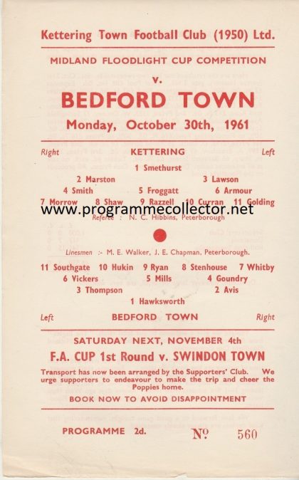 Kettering Town v Bedford Town 30-Oct-1961