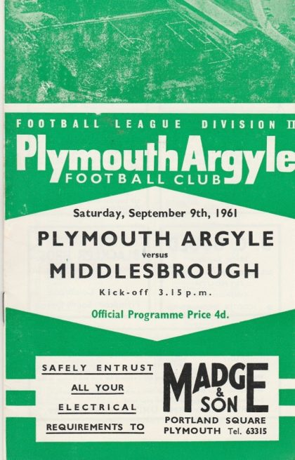 Plymouth Argyle v Middlesbrough 09-Sep-1961