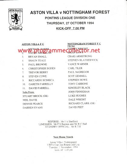 Aston Villa Reserves v Nottingham Forest Reserves 27-Oct-1994