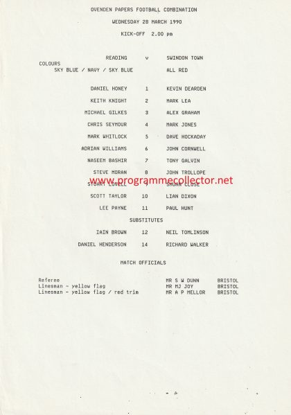 Reading Reserves v Swindon Town Reserves  28-Mar-1990