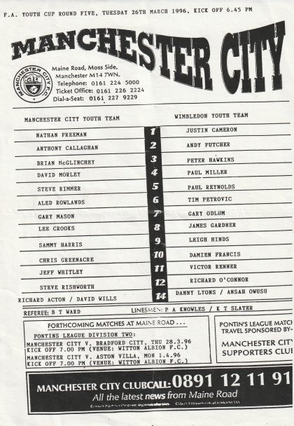 Manchester City Youth v Wimbledon Youth 26-Mar-1996